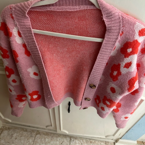 Pink Orange Ribbed Fuzzy Button Cardigan Sweater SMALL - Picture 4 of 6